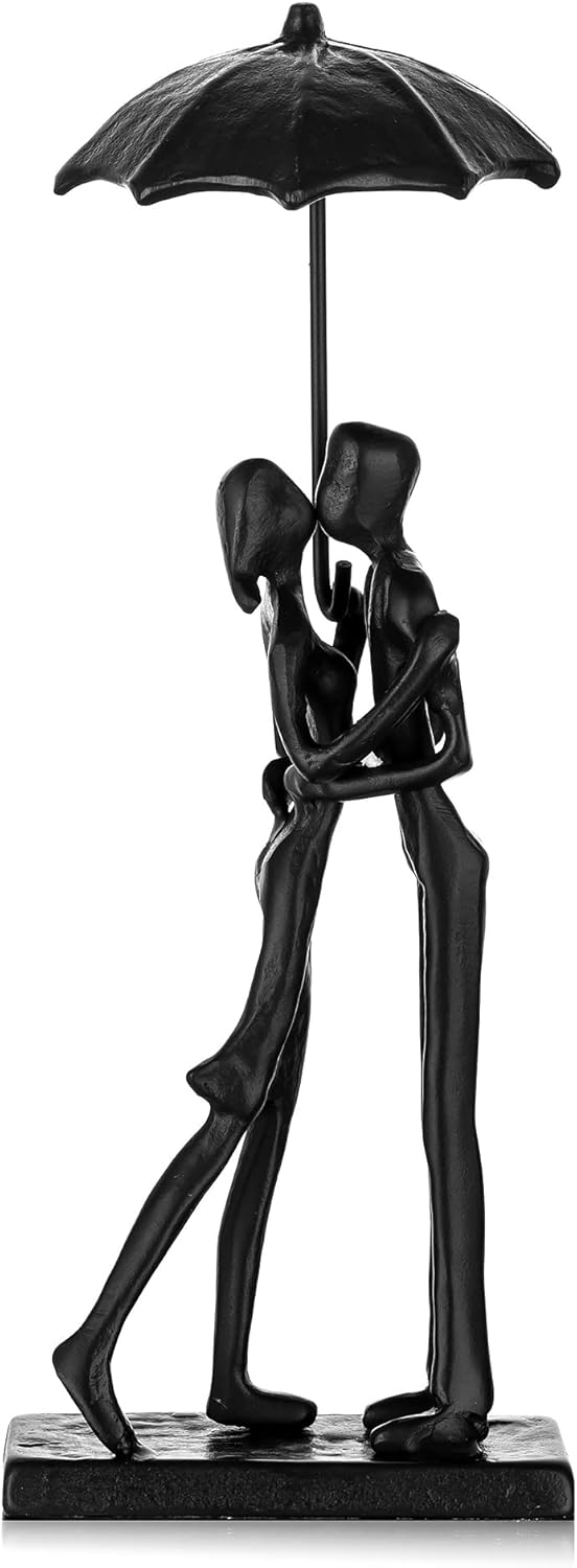 Sziqiqi Iron 6th Sculpture for Wife - Black Metal Couple Statue Kissing Under Umbrella Man Woman
