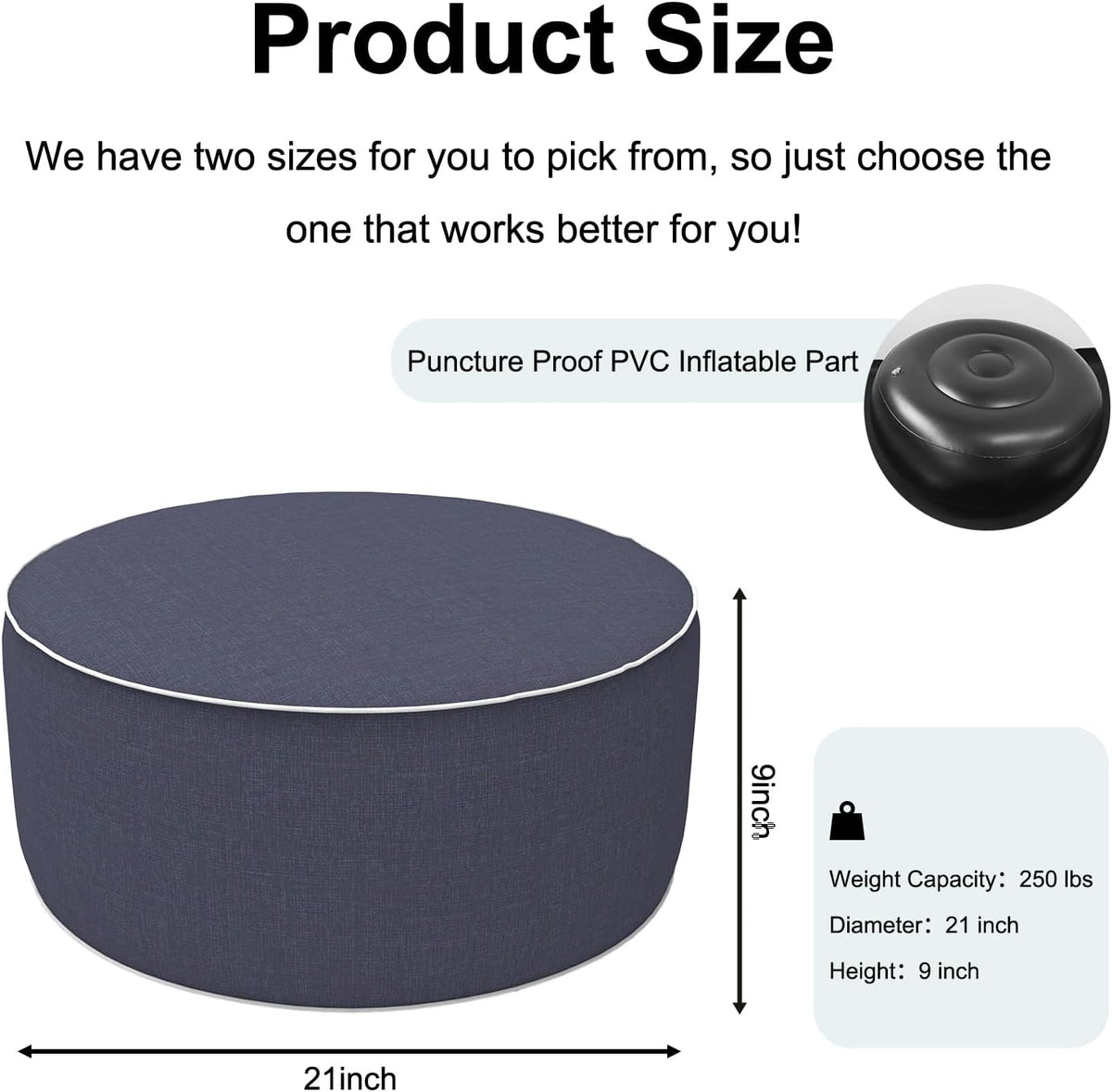 Inflatable Ottoman Stool D21 xH9 for Outdoor/Indoor Use, Water Repellent Patio Foot Rest Stool with