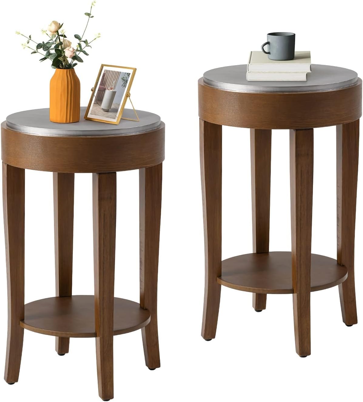 COSIEST Set of 2 Farmhouse Round End Table, 2-Tier Classic Brown Side Table, Wood Accent Table with
