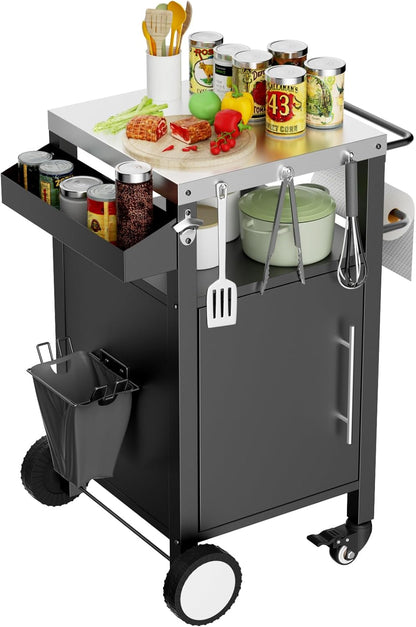 KEIKI Outdoor Grill Cart with Storage and Wheels, Rolling BBQ Prep Table with Spice Rack, Hooks