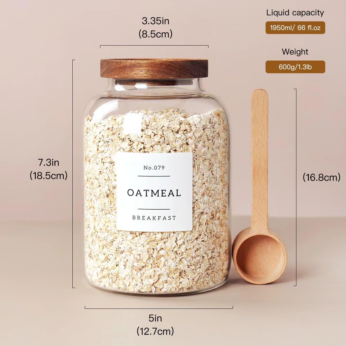 2 PCS Large Glass Jar with Airtight Lid, Glass Food Storage Jars for Tea,Spice,Cereal