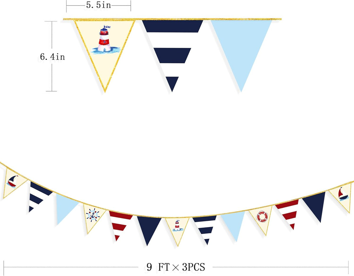 Navy Red Beige Gold Glitter Stamping Paper Pennant Banner Flag Triangle Bunting for Nautical Pirate