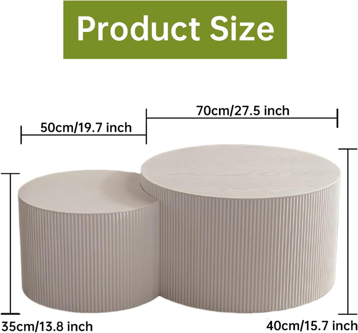 Round Nesting Coffee Table Modern White Fluted Coffee Table Set of 2 for Living Room Circle Drum