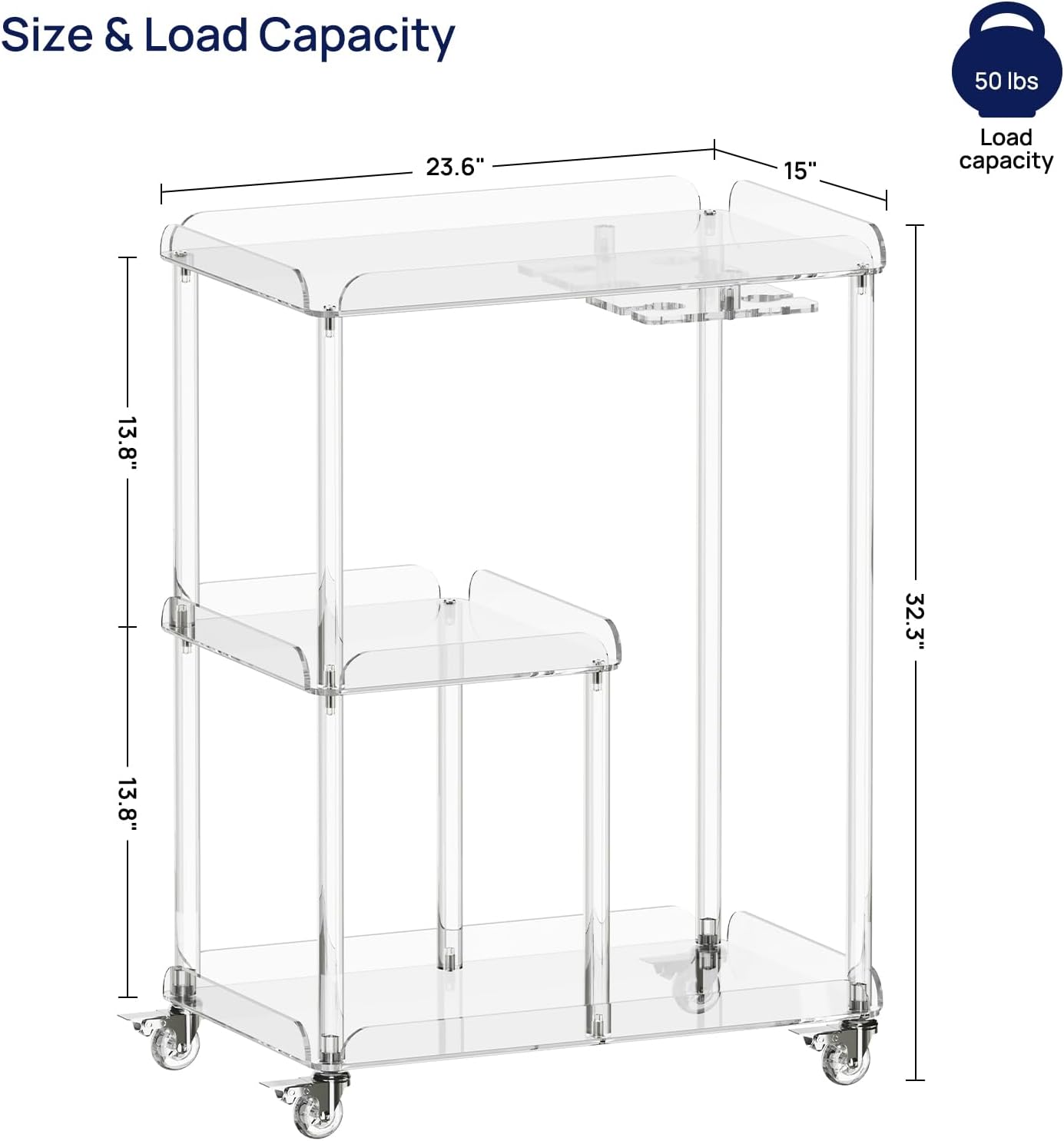 HMYHUM Acrylic Bar Cart with 4 Lockable Wheels, 3 Tier Clear Serving Cart with Glass Holder