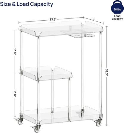 HMYHUM Acrylic Bar Cart with 4 Lockable Wheels, 3 Tier Clear Serving Cart with Glass Holder