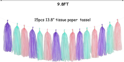 Pink-Purple Mint Mermaid Ocean-Themed Party-Decorations - 15pcs Tassel Garland Streamers Wedding