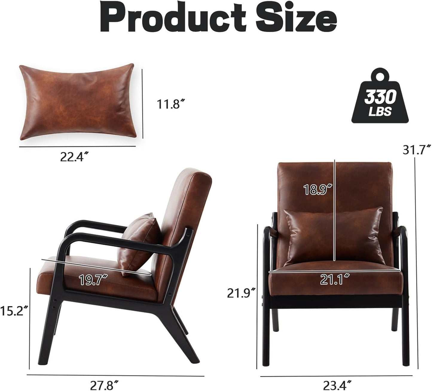 Accent Chair Mid Century Modern Armchair with Lumbar Support Pillow Wood Legs PU Leather