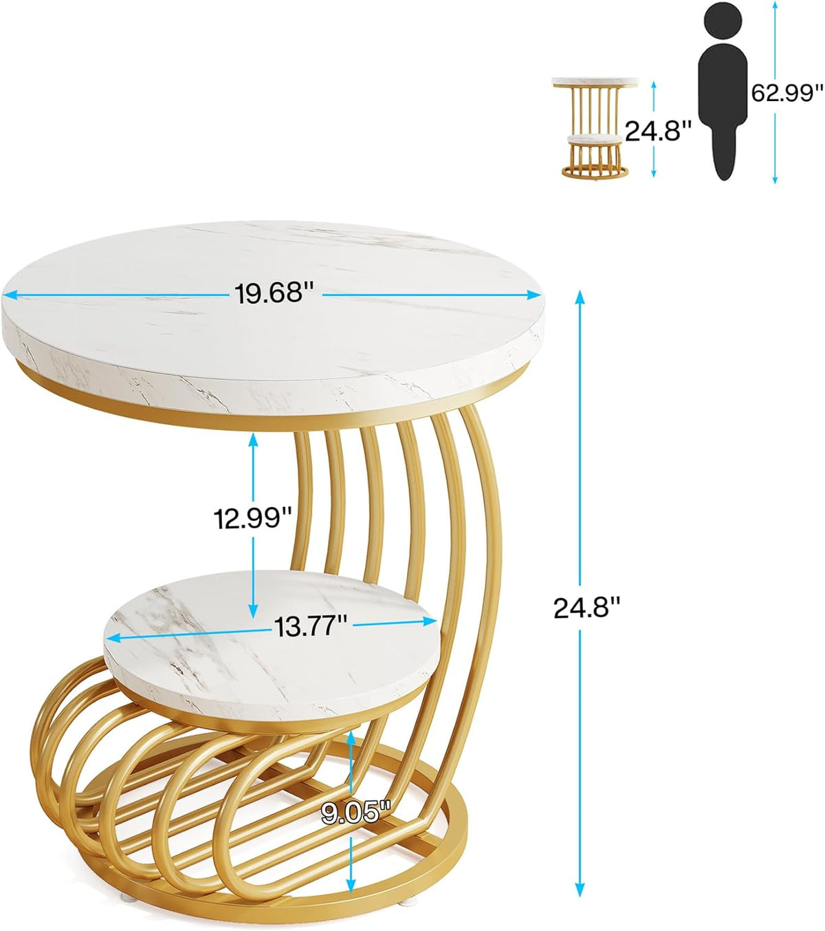 Tribesigns Gold Round End Table: 2 Tiers Faux Marble Side Table with Storage Shelf, Modern White