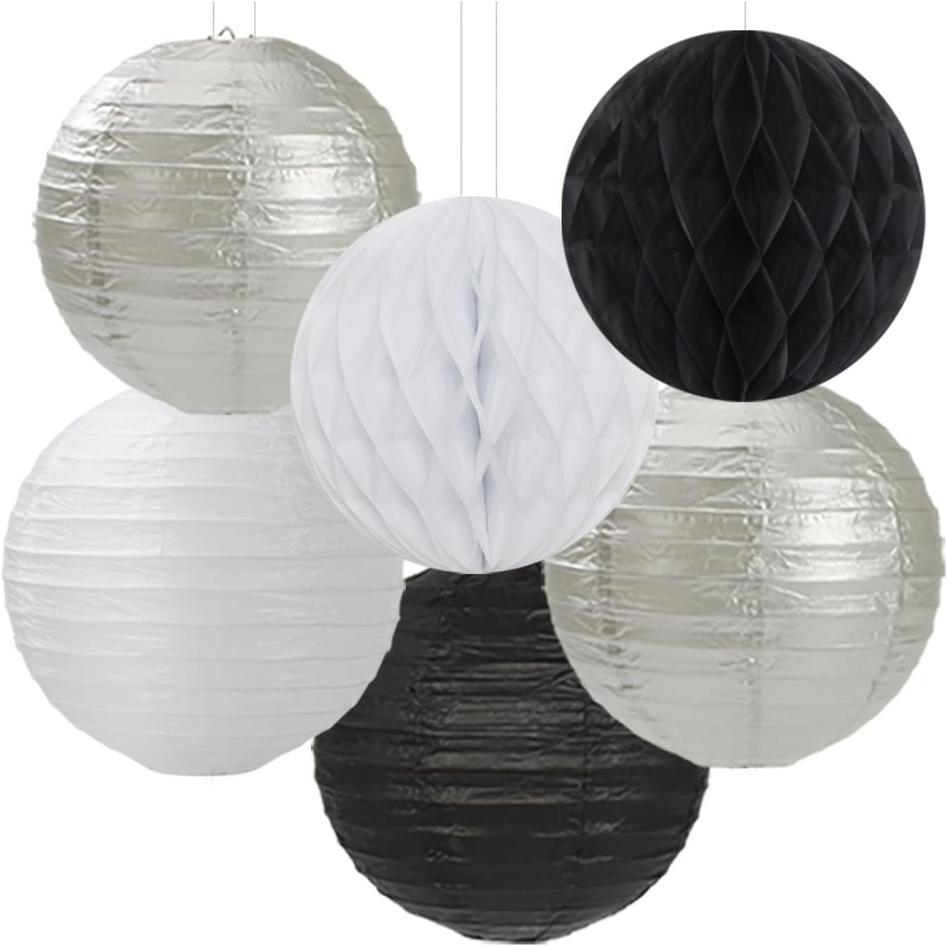 Black White Silver Party-Decorations Streamers-Lanterns - 14pc New Years Graduation 2025 Paper Fan