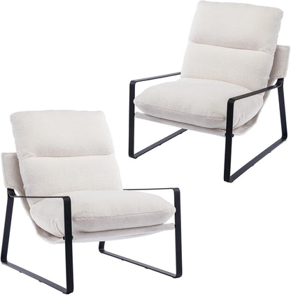 DUOMAY Modern White Sherpa Accent Chair Set of 2, Comfy Lounge Lazy Chair with Metal Leg