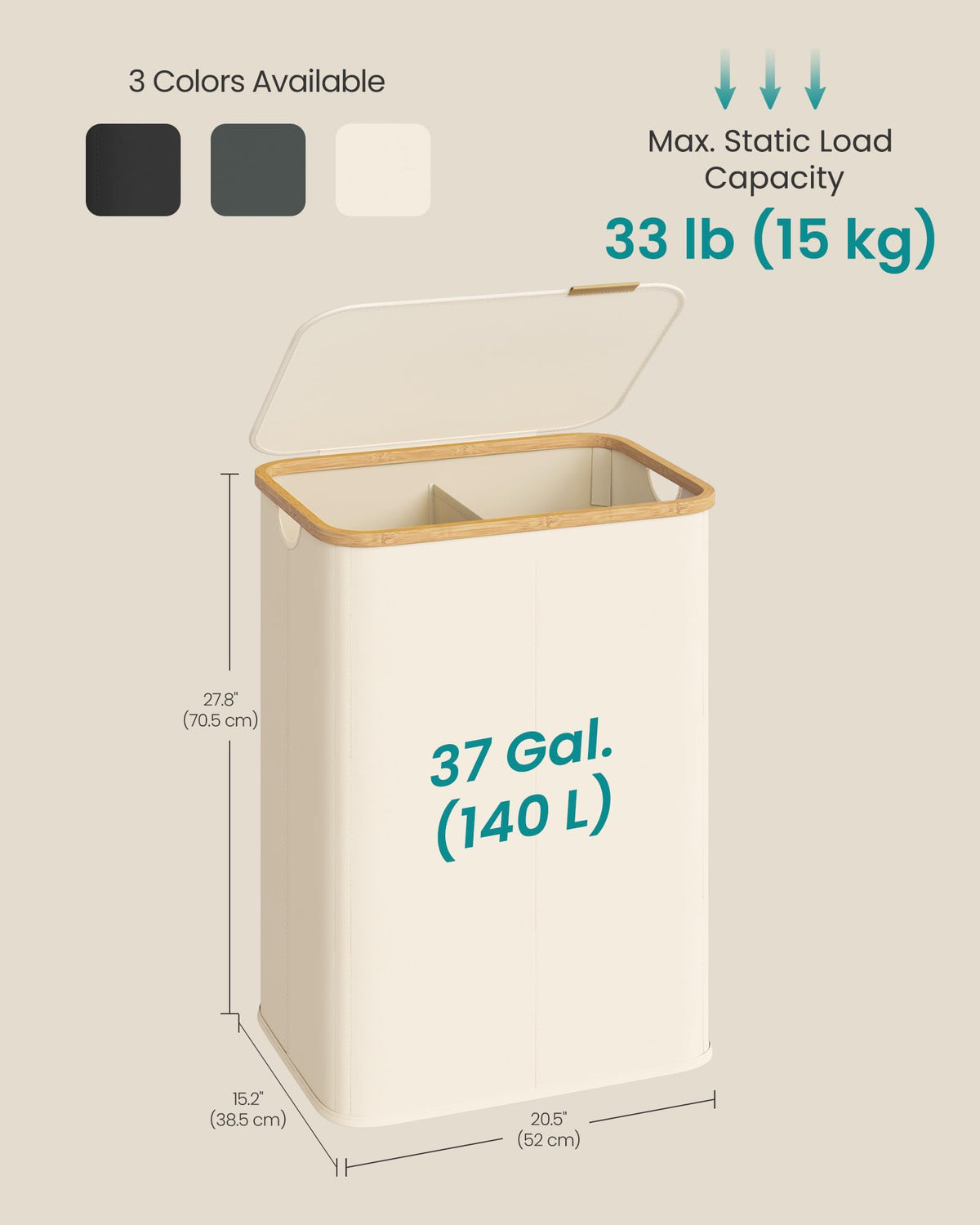 SONGMICS Laundry Hamper, Laundry Basket with Lid, Foldable Storage Basket, Bamboo Frame, for