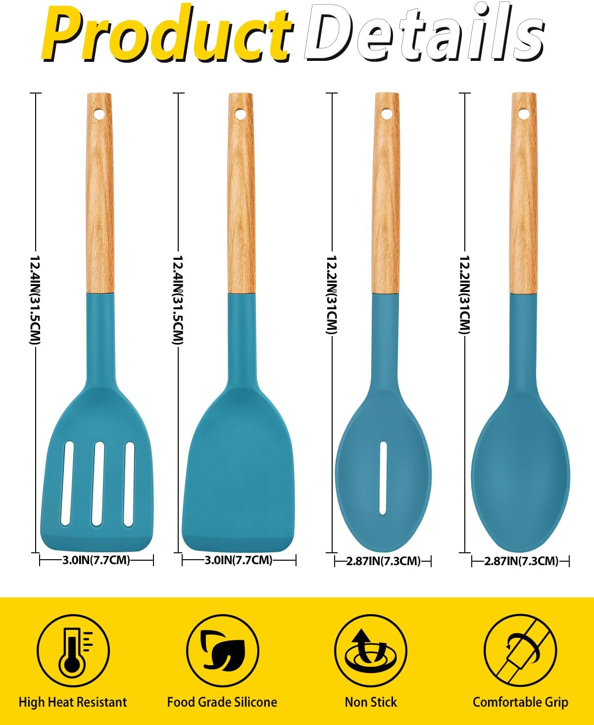 Pack of 4 Silicone Cooking Utensils Set, Non Stick Solid Spatulas and Heat Resistant Slotted Spoons