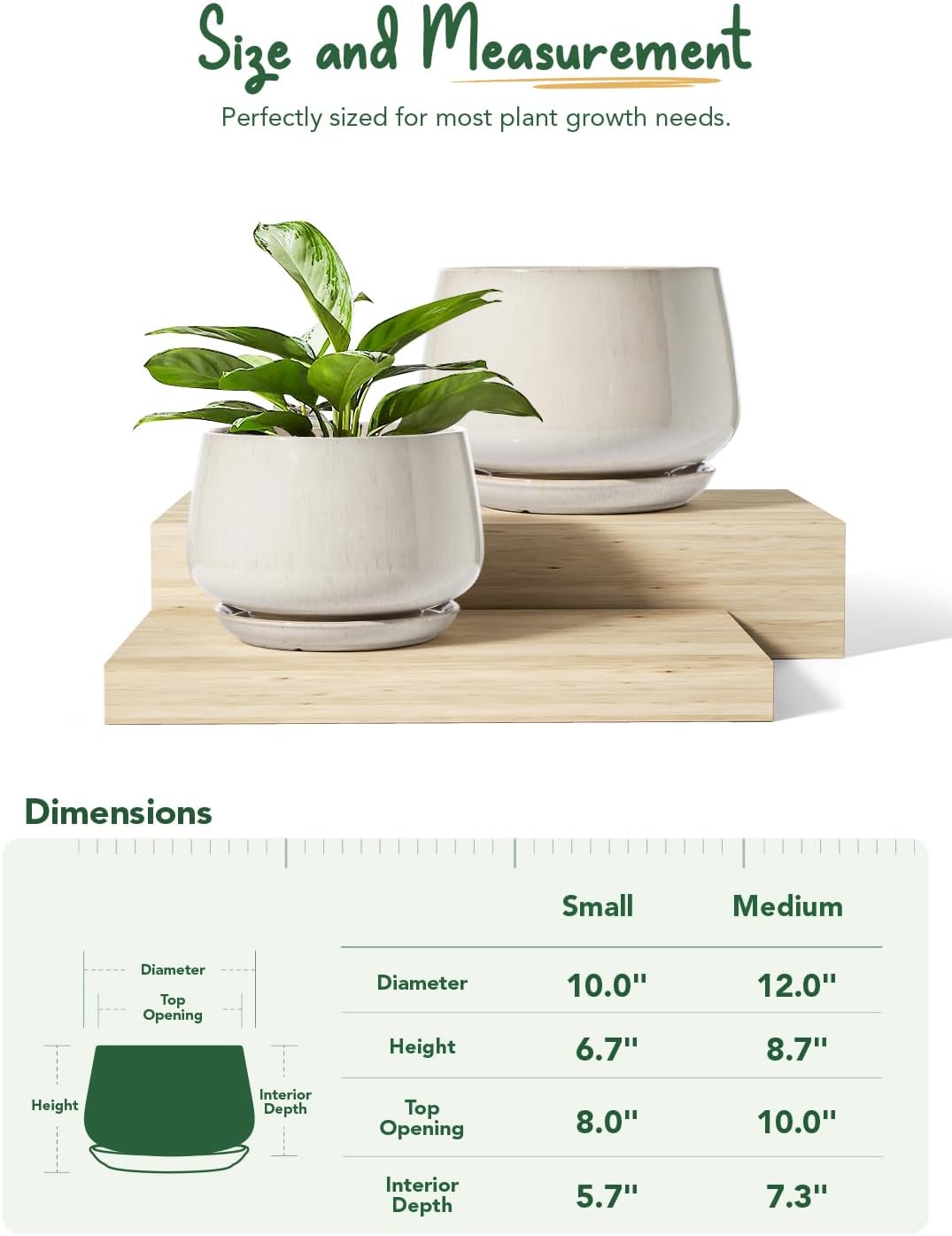 LE TAUCI Ceramic Plant Pots, Set of 2, 10 + 12 Inch Plant Pot, Elegant Planters for Indoor Plants