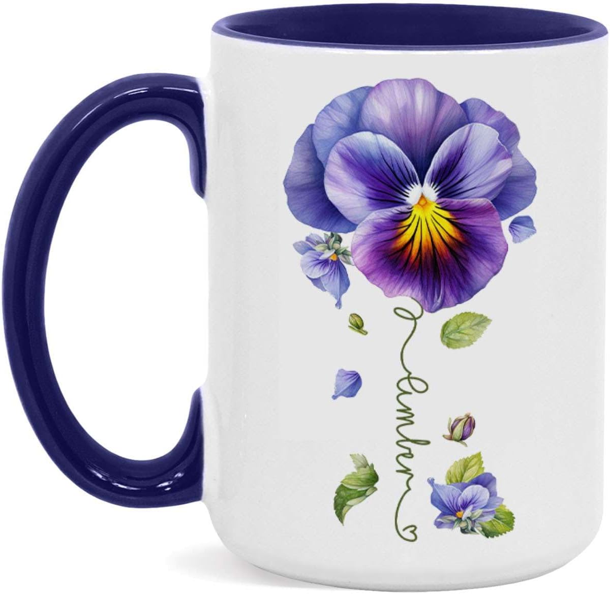 Pansy Design Ceramic Cup, Personalized Name Flower Themed Mug, Custom Coffee Cup For Pansy Flower