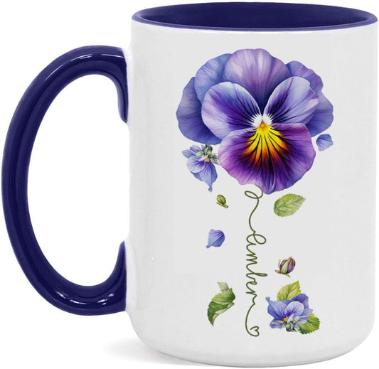 Pansy Design Ceramic Cup, Personalized Name Flower Themed Mug, Custom Coffee Cup For Pansy Flower