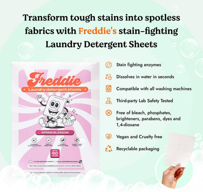 Freddie Laundry Detergent Sheets - Recyclable Packaging - No Mess Strips - 60 Loads - Floral Spring
