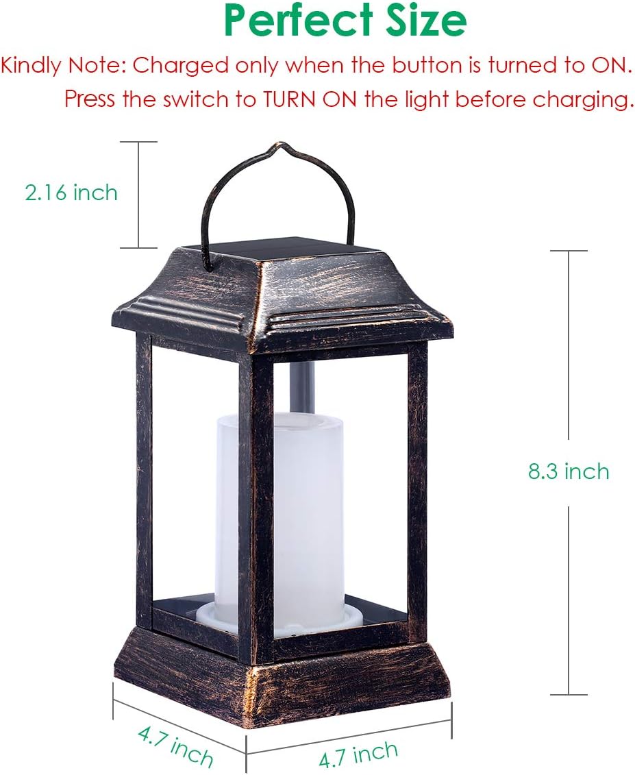 TomCare Solar Lights Metal Flickering Flame Solar Lantern Outdoor Hanging Lanterns Lighting Heavy