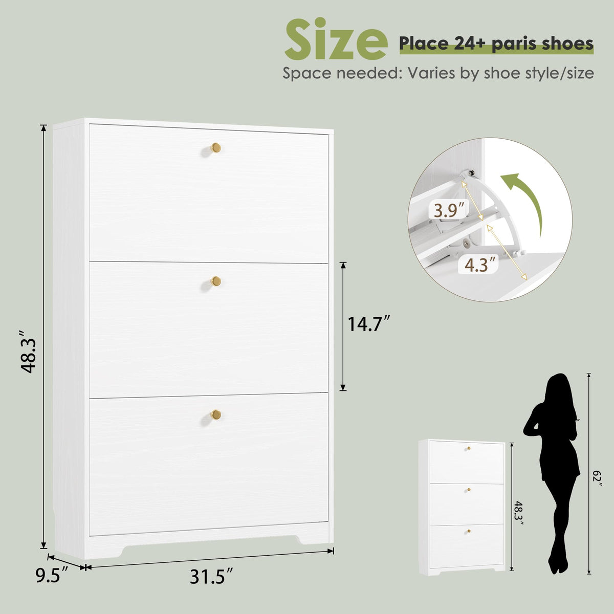 Nicetree Shoe Cabinet with 3 Flip Drawers, Narrow Shoe Organizer Cabinet, Freestanding Shoe Rack