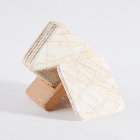 BCS Square Marble Coasters Set of 6 with Holder - Modern Stone Drink Coasters for Tables, Durable