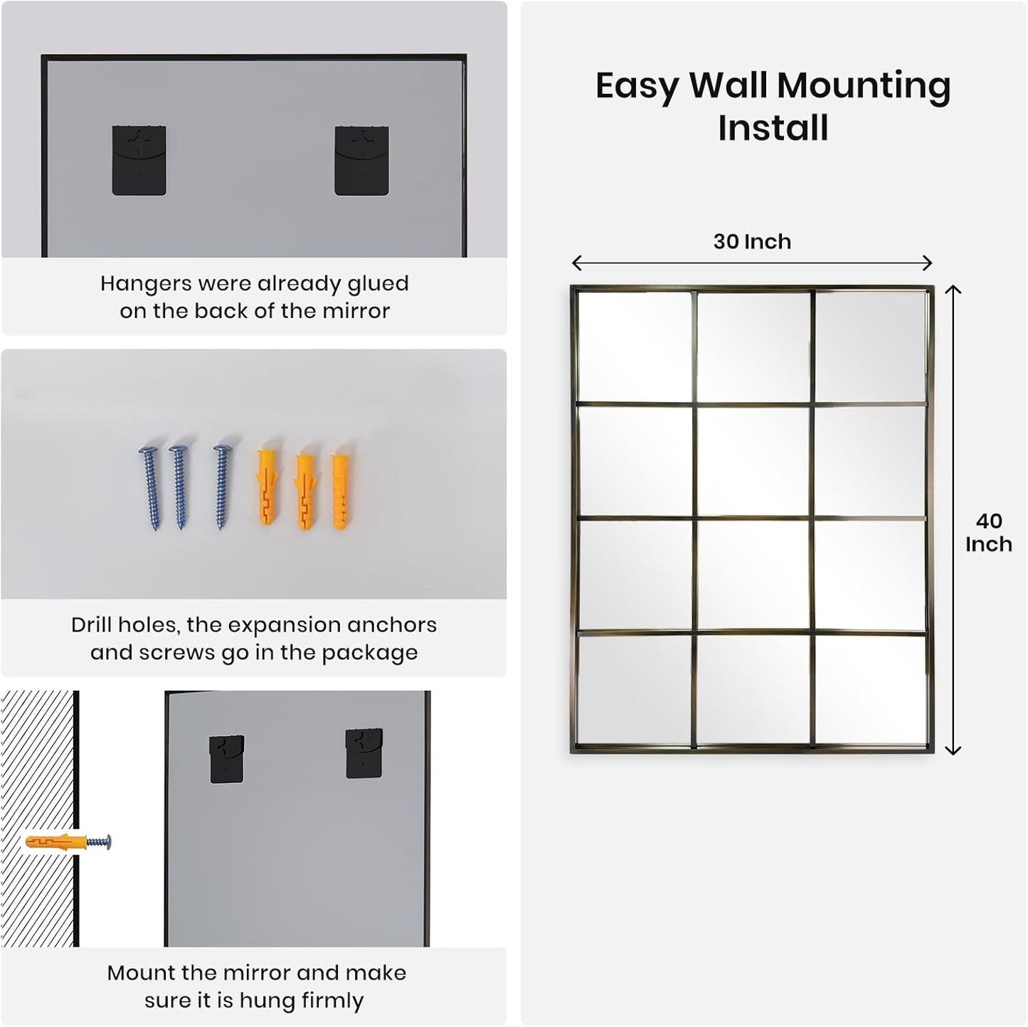 Windowpane Wall Mirror 30"x40" Bronze Wall Mounted Art Pane Mirror Farmhouse Decorative Mirror
