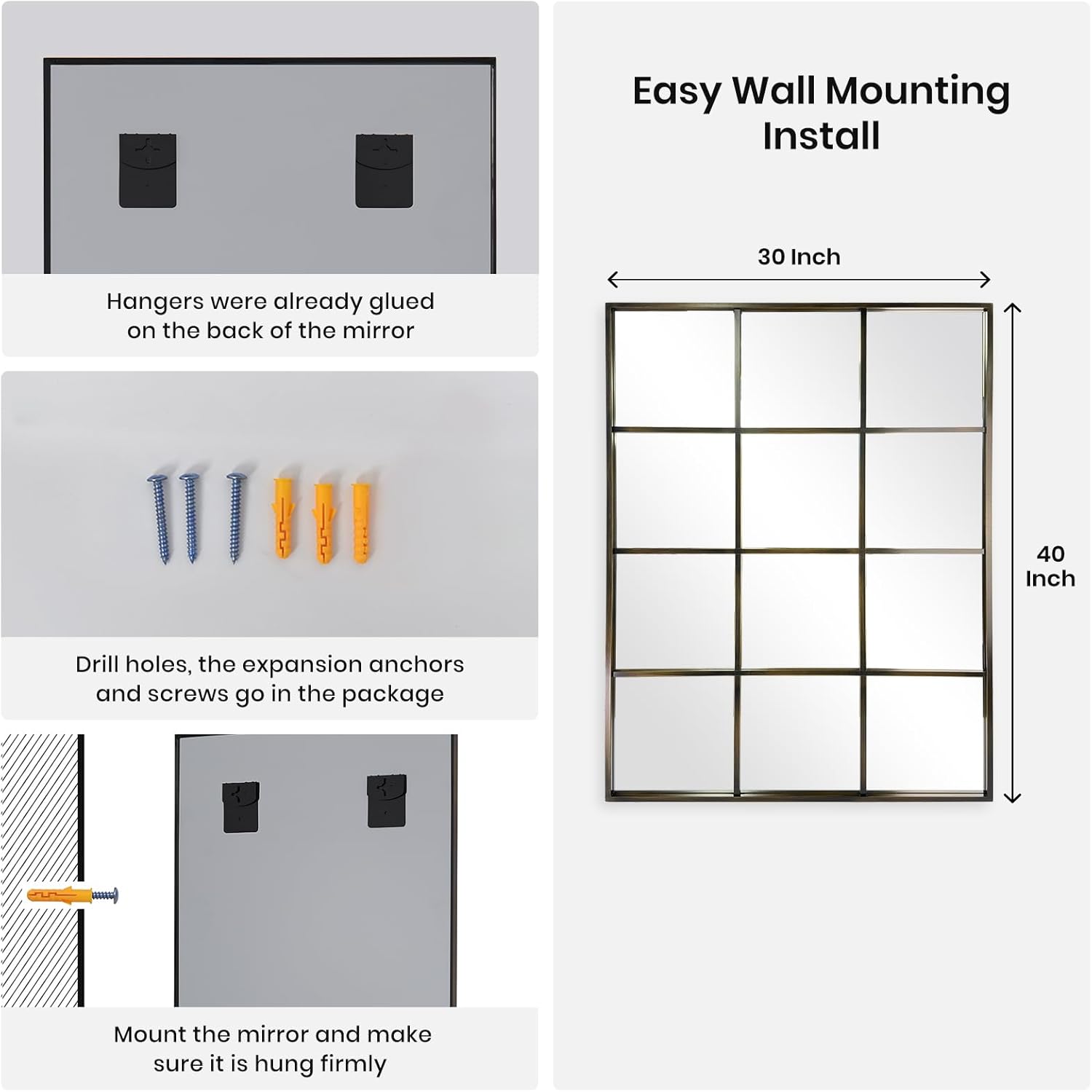 Windowpane Wall Mirror 30"x40" Bronze Wall Mounted Art Pane Mirror Farmhouse Decorative Mirror
