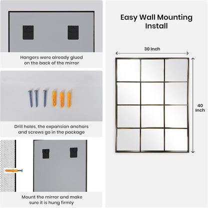 Windowpane Wall Mirror 30"x40" Bronze Wall Mounted Art Pane Mirror Farmhouse Decorative Mirror