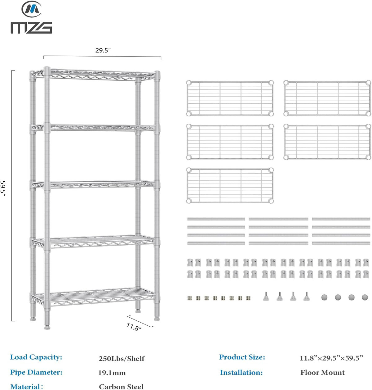 1250 lbs 5 Tier Shelf Metal Storage Shelves Wire Rack Closet Organizers for Garage Kitchen Bathroom