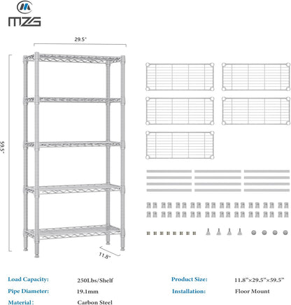 1250 lbs 5 Tier Shelf Metal Storage Shelves Wire Rack Closet Organizers for Garage Kitchen Bathroom