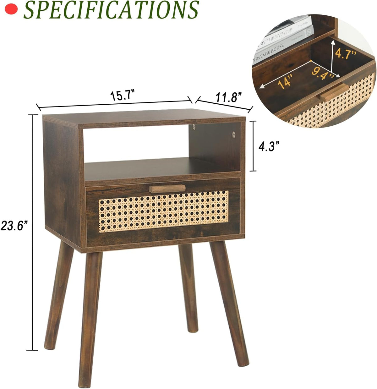MaxSmeo Mid Century Nightstand, Rattan Side Table with Drawer, Wood Modern Bedside Table for