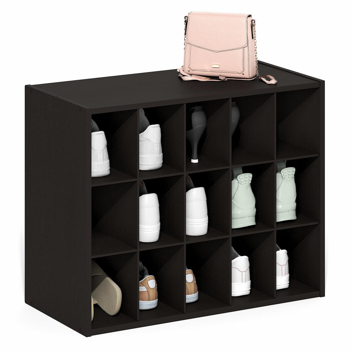 Furinno FANO 15-Cube Shoe Rack, Stackable Shoe Organizer, Dark Oak