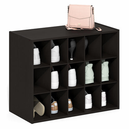 Furinno FANO 15-Cube Shoe Rack, Stackable Shoe Organizer, Dark Oak
