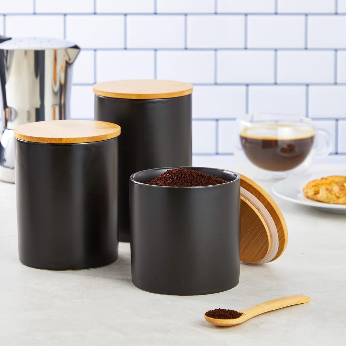 Farmlyn Creek Set of 3 Matte Black Kitchen Canister with Airtight Wooden Bamboo Lids, Kitchen
