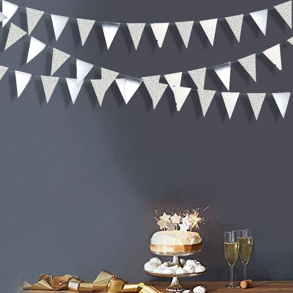 30 Ft Silver Party Decorations Glitter Metallic Paper Triangle Banner Flag Garland Pennant Bunting