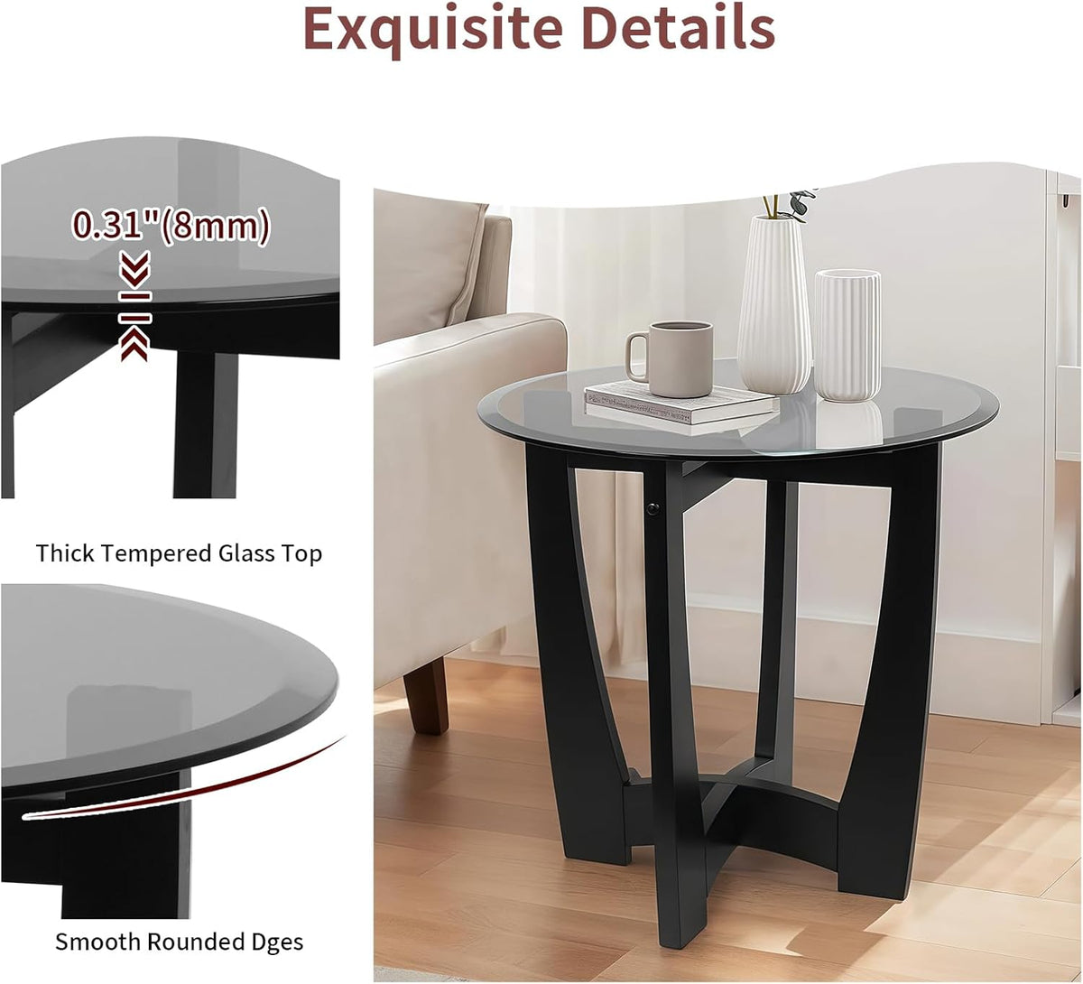 Glass End Table, 23.5" Round Side Tables with Black Tempered Glass Top Cross and Solid Wood Base