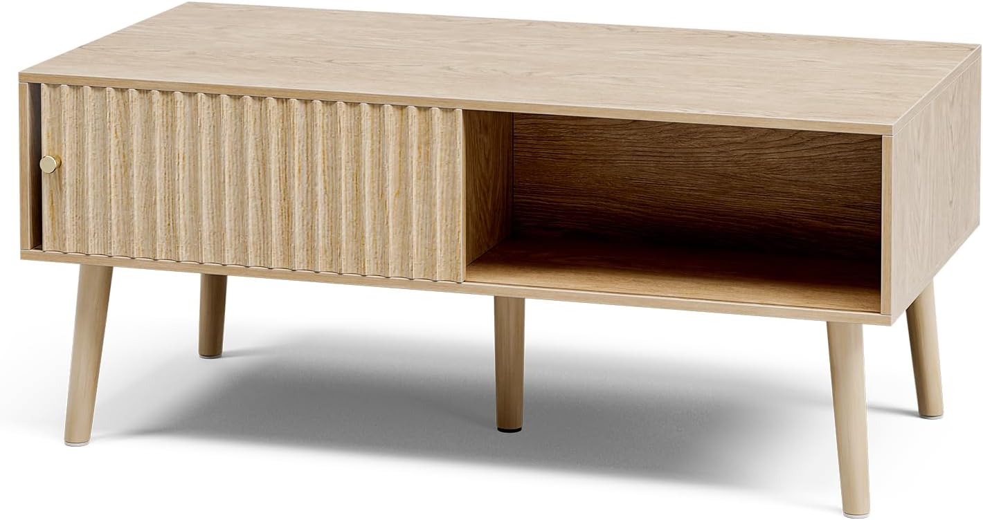 Coffee Table with Storage, Boho Dining Table with Sliding Fluted Door and Solid Wood Legs, Small