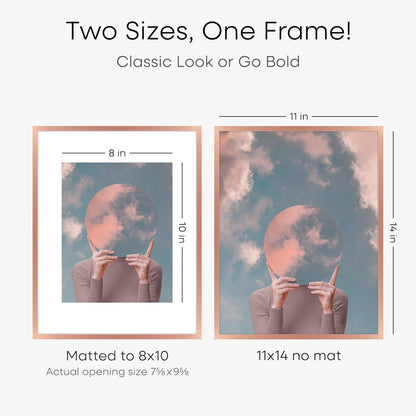 Homeforia 11x14 Picture Frame Rose Gold, High End Metal 11x14 Wall Hanging Frame with Mat 8x10, 11