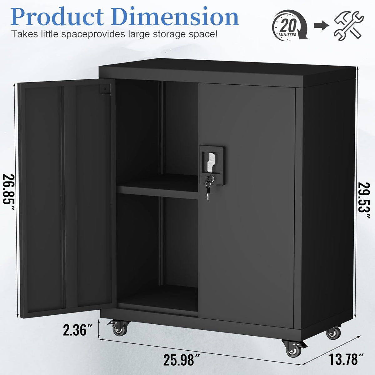 Metal Storage Cabinet with Wheels,Lockable Steel Rolling Storage Cabinet with 2 Doors for