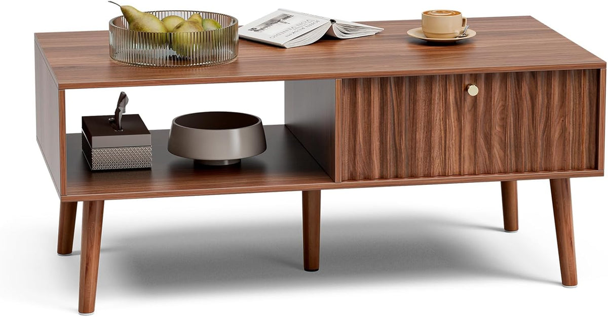 Coffee Table with Storage, Mid Century Dining Table with Fluted Drawer and Solid Wood Legs, Small