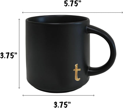 COLLECTIVE HOME - Black Monogram Ceramic Mugs, 15 oz Golden Initial Coffee Cups, Elegant Alphabet