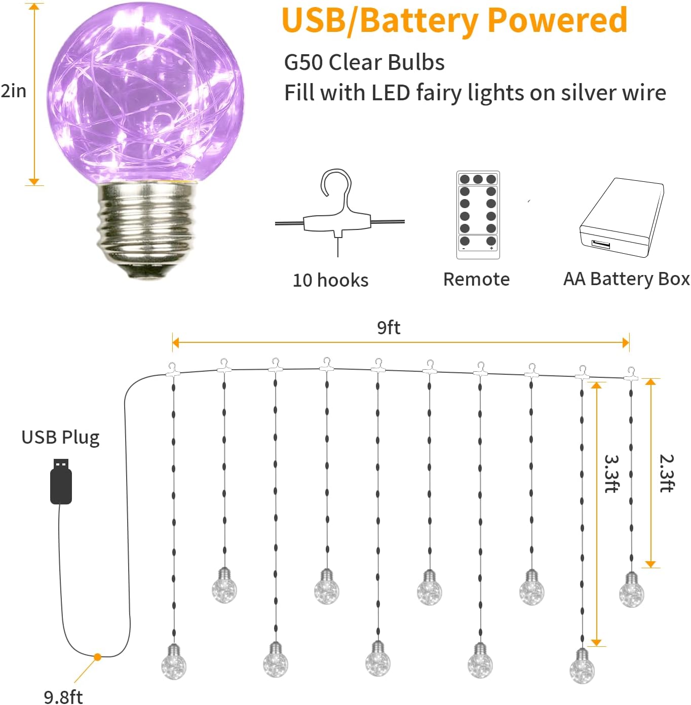 YOLIGHT Wishing Ball Curtain Lights 200 LED Window Curtain String Lights with Remote, USB Battery