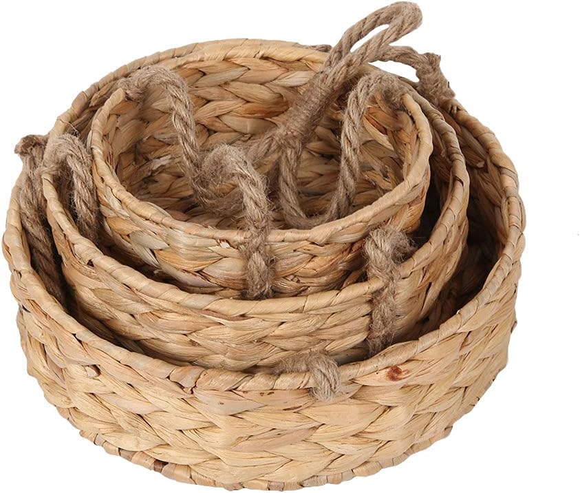 KINGWILLOW 3 Tier Hanging Fruit Basket, Handmade Natural Water Hyacinth Wall Vegetable Storage