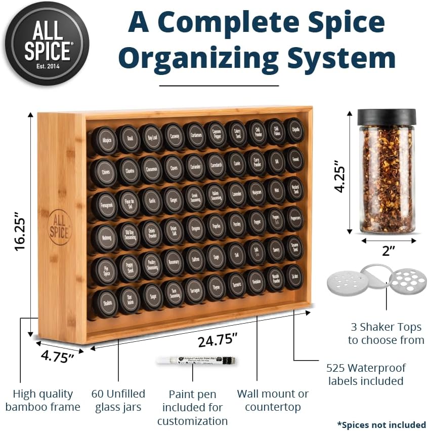 AllSpice Spice Rack Organizer, Wood, 525 Unique Labels, Countertop or Wall Mount, Includes 60 4oz