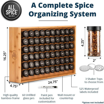 AllSpice Spice Rack Organizer, Wood, 525 Unique Labels, Countertop or Wall Mount, Includes 60 4oz