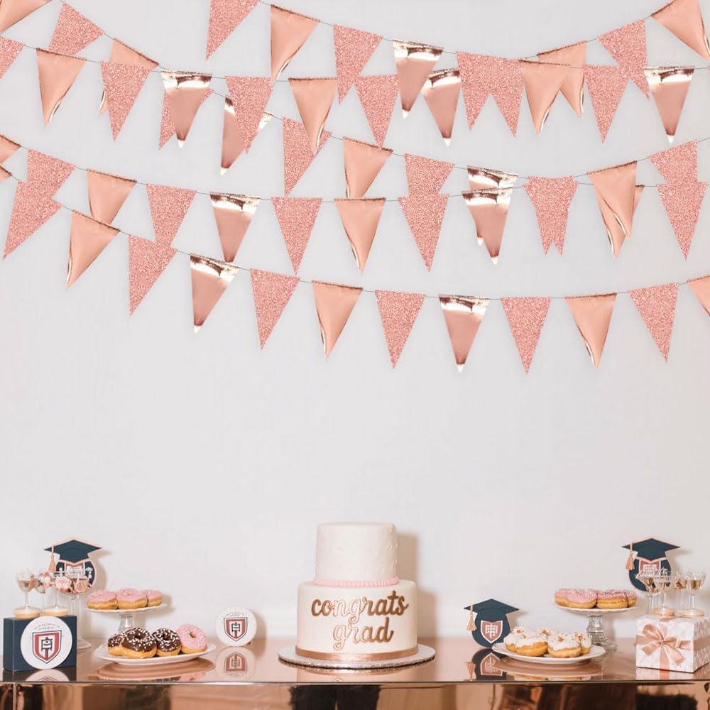 30Ft Rose Gold Party Decoration Rose Pink Triangle Pennant Banner Blush Pink Hanging Paper Flag