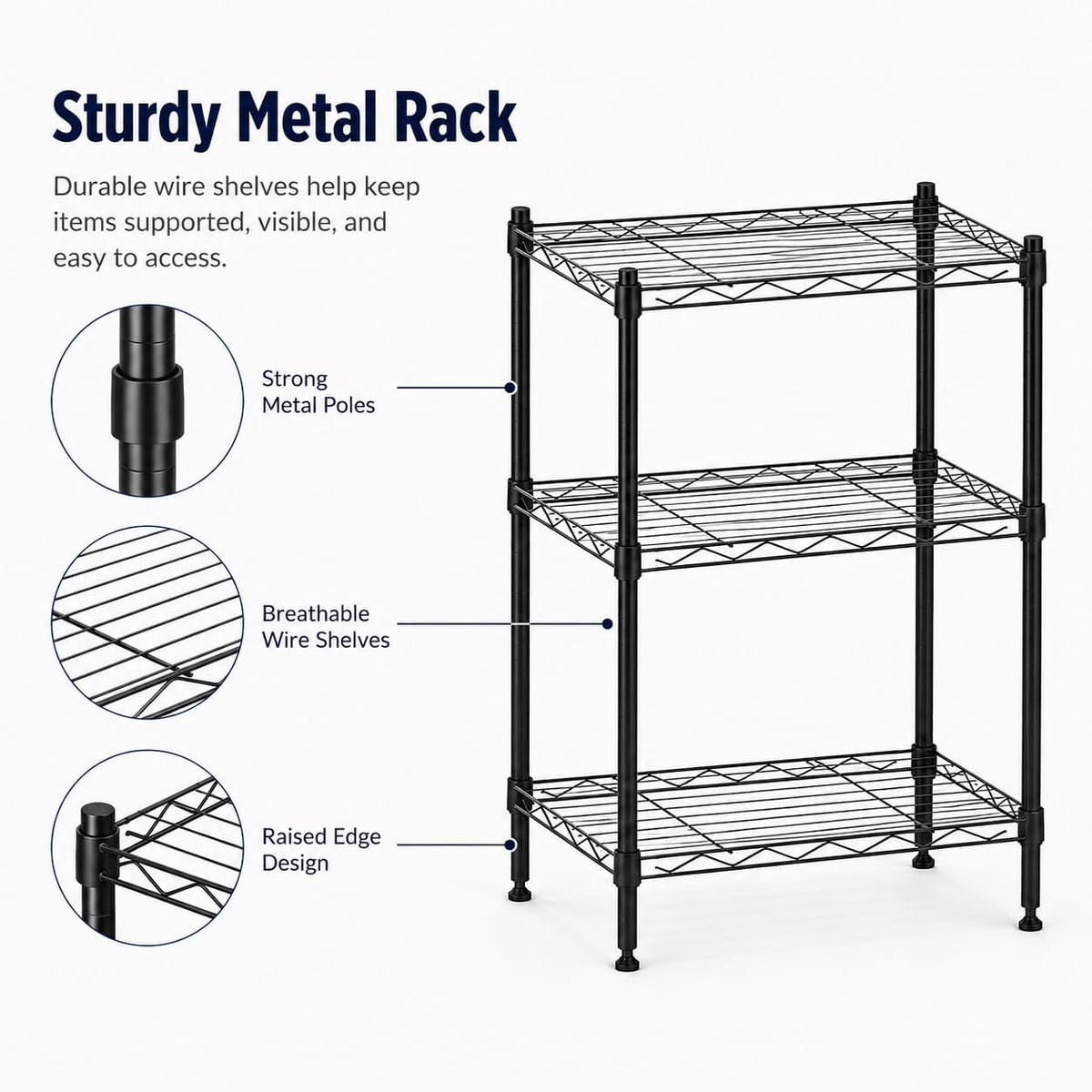 Orchidleaf 3 Tier Storage Shelves, Metal Wire Shelving Unit, Heavy Duty Adjustable Shelf Rack for