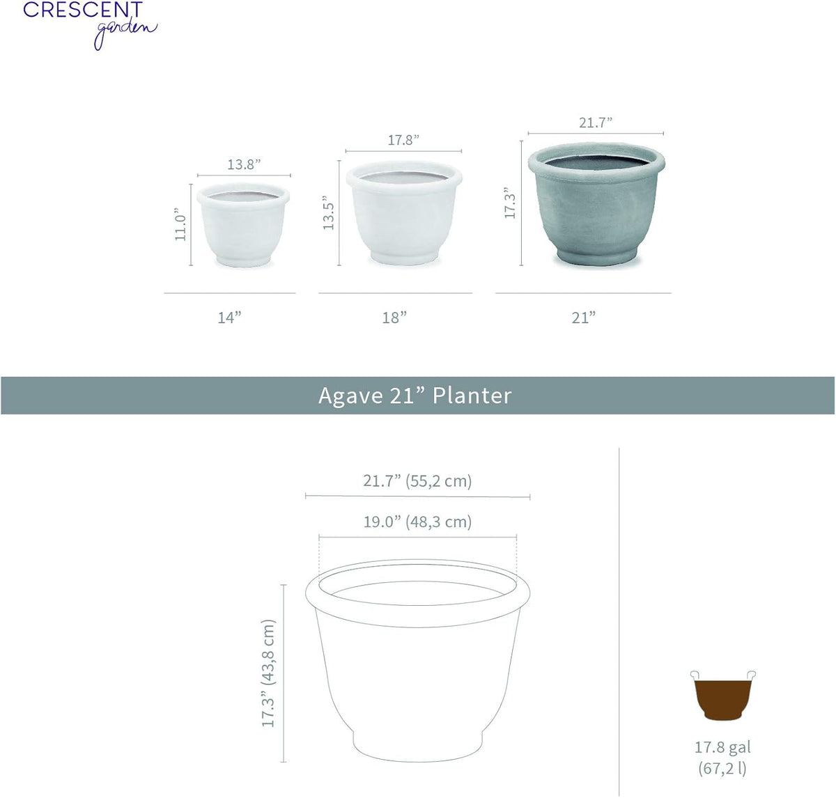 Crescent Garden Agave Planter, Charming Old-World Plant Pot, 21-Inch (Caviar Black)