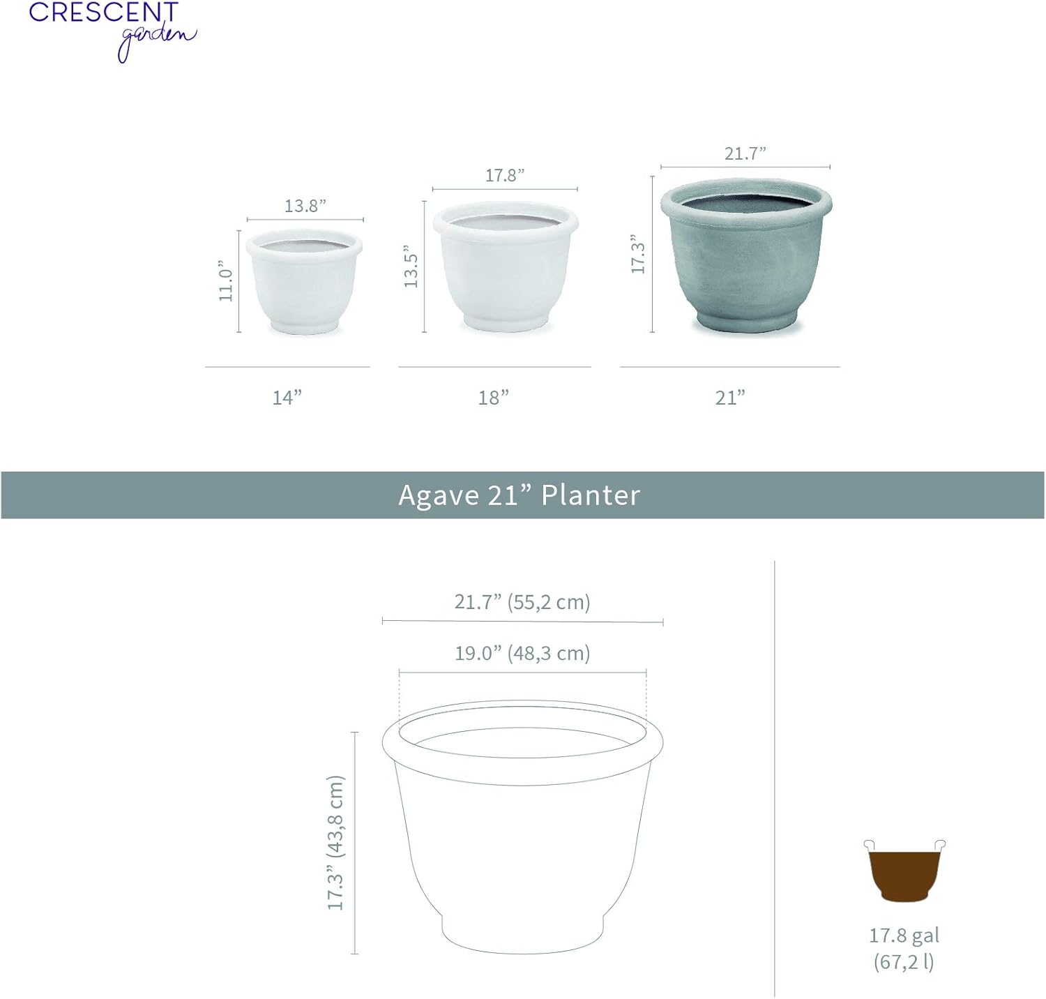 Crescent Garden Agave Planter, Charming Old-World Plant Pot, 21-Inch (Caviar Black)