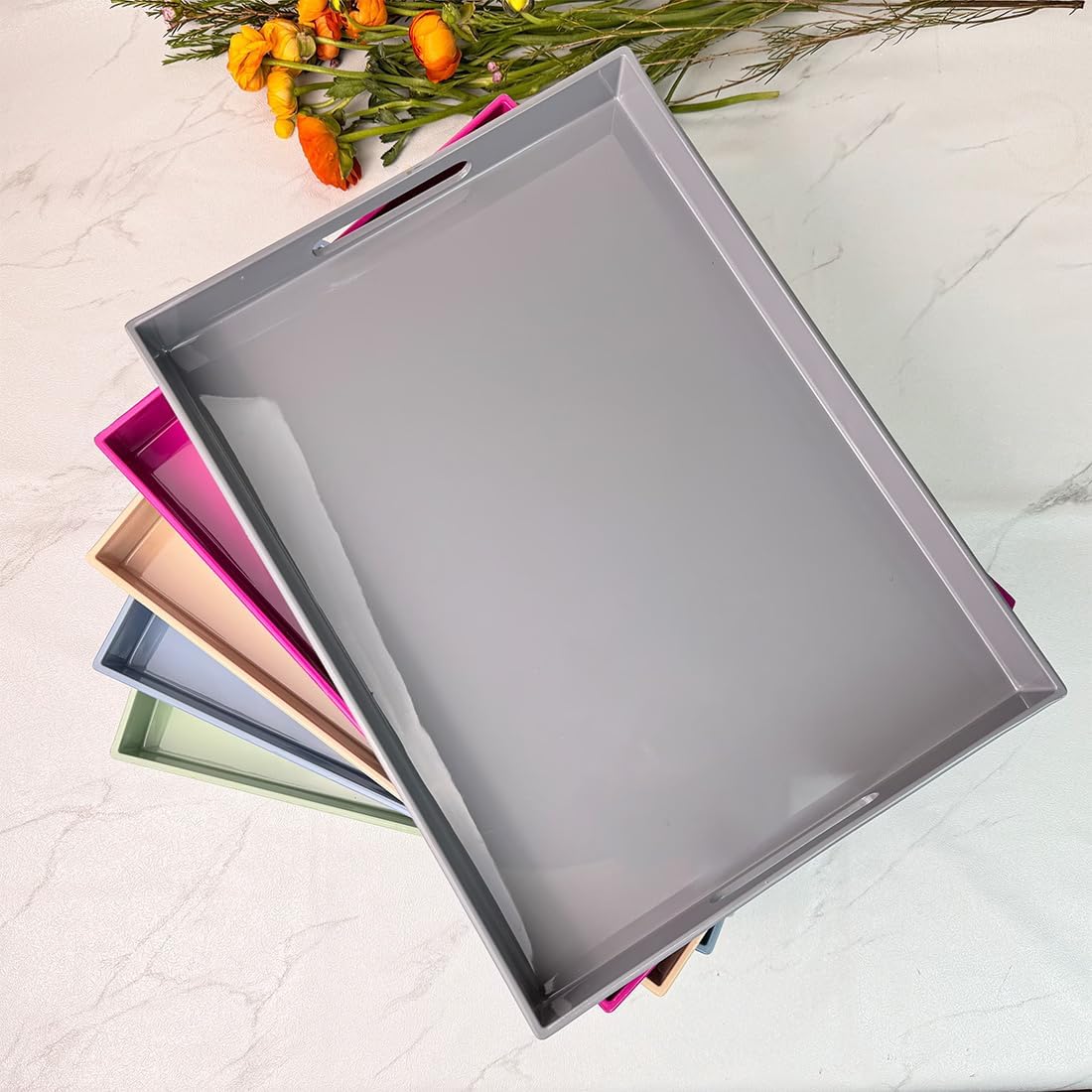 Grey Decorative Tray, Rectangular Large Serving Tray with Handles, Plastic Coffee Table Tray for