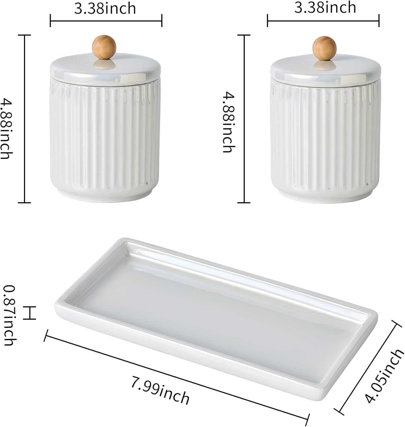 Ceramic Bathroom Canister Set with Coordinating Small Vanity Tray Qtip Holder Dispenser for Cotton
