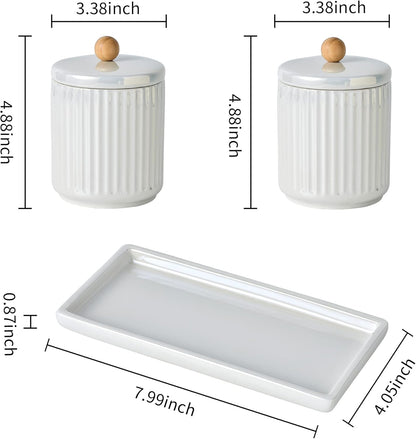 Ceramic Bathroom Canister Set with Coordinating Small Vanity Tray Qtip Holder Dispenser for Cotton